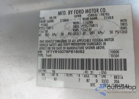 2008 Ford Ranger Xl/Xlt из США, поврежденный, VIN 1FTYR10D78PB18082